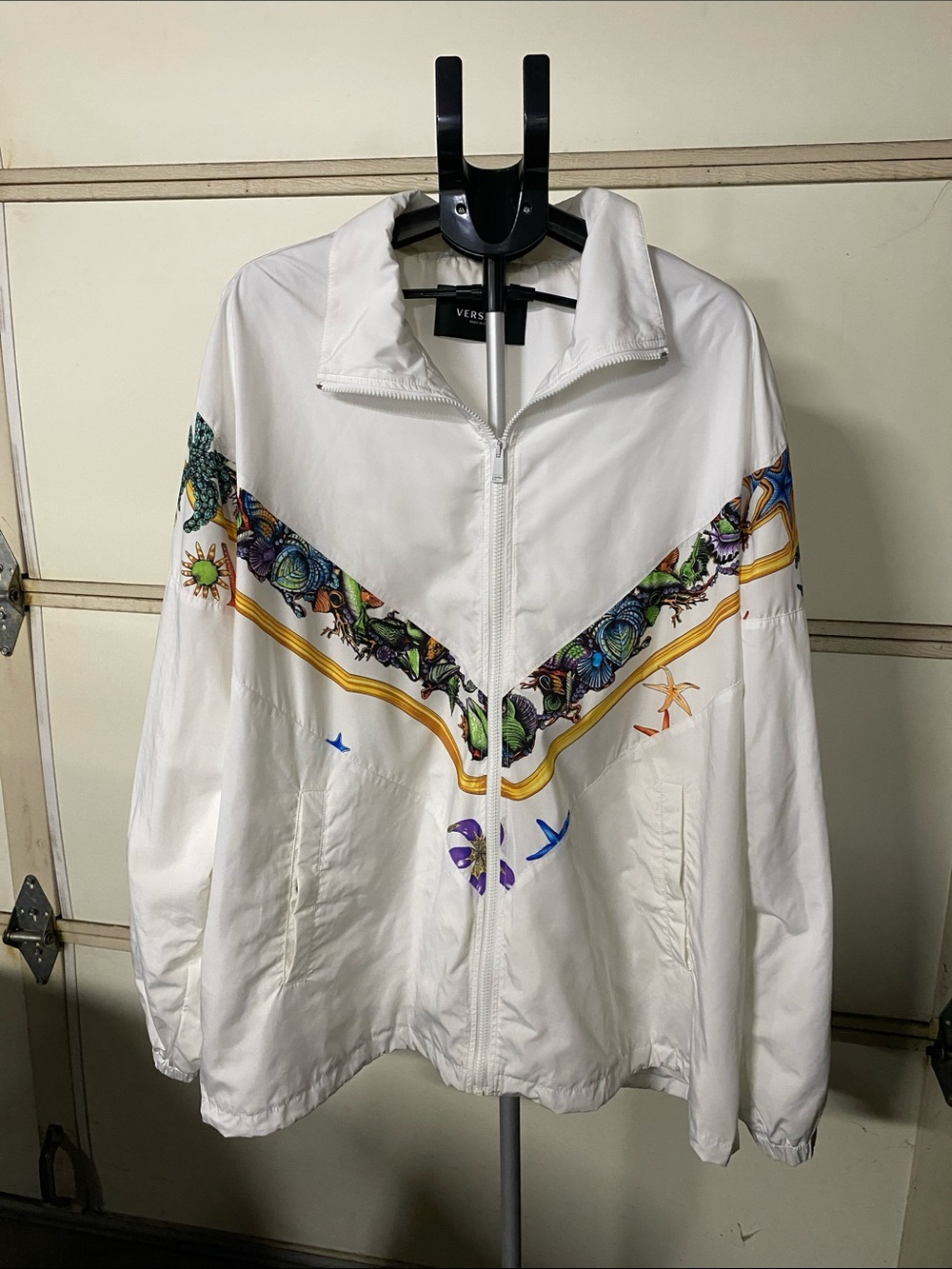 Versace White Zip-Up Jacket with Multicolor Nature Print